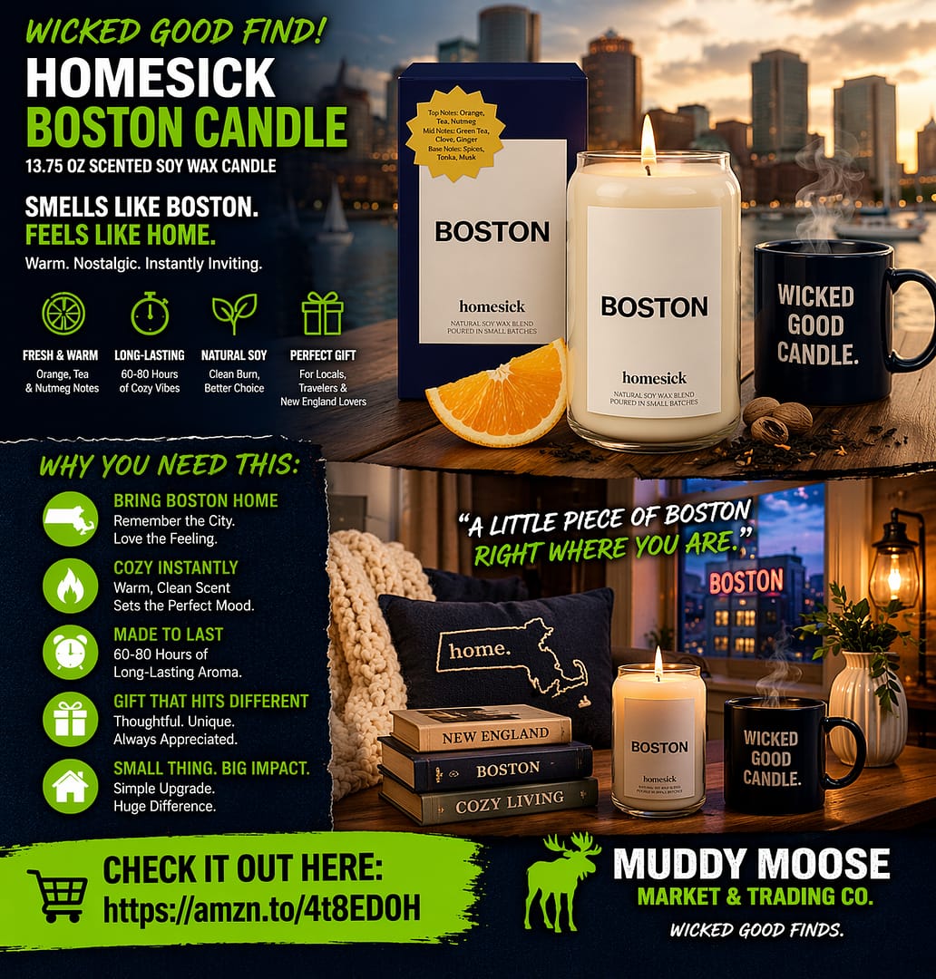 Homesick “Boston” Scented Candle (13.75 oz) – Long-Lasting Soy Wax w/ Citrus, Tea & Nutmeg Notes