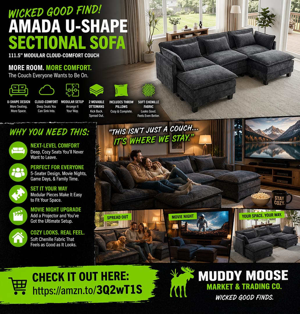 Amada U-Shape Sectional Sofa (111.5”) – Cloud-Comfort Modular Couch w/ Ottoman & Deep Seats (5-Seater)